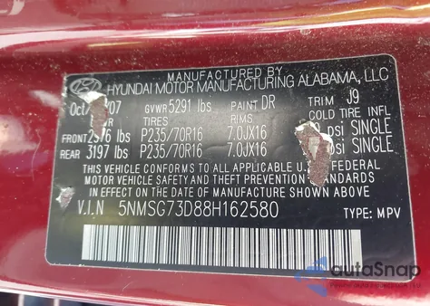 2008 Hyundai Santa Fe Gls from USA, damaged, VIN 5NMSG73D88H162580